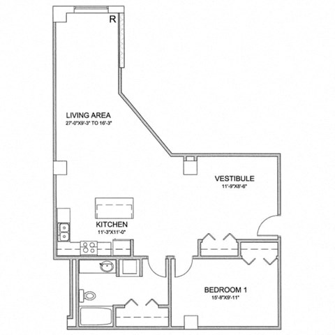 a floor plan of a 1 bedroom floor plan